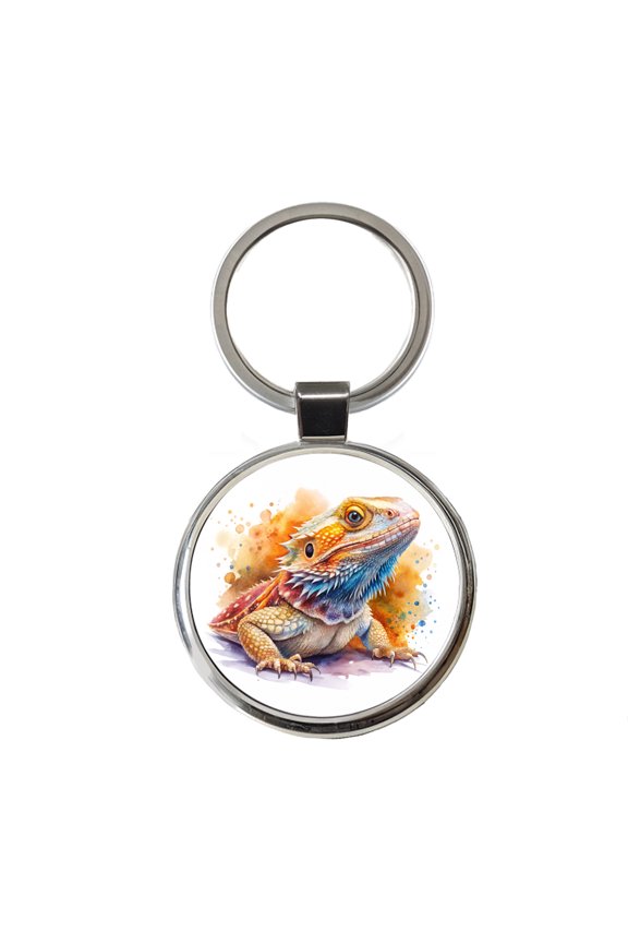 Bearded Dragon Lizard Reptile Watercolor Metal Round Keychain