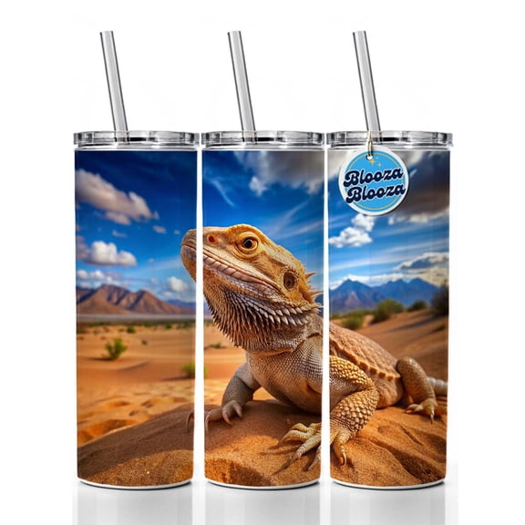 Bearded Dragon Lizard Reptile in the Desert 20oz Insulated Water Bottle Skinny Tumbler Includes Straw