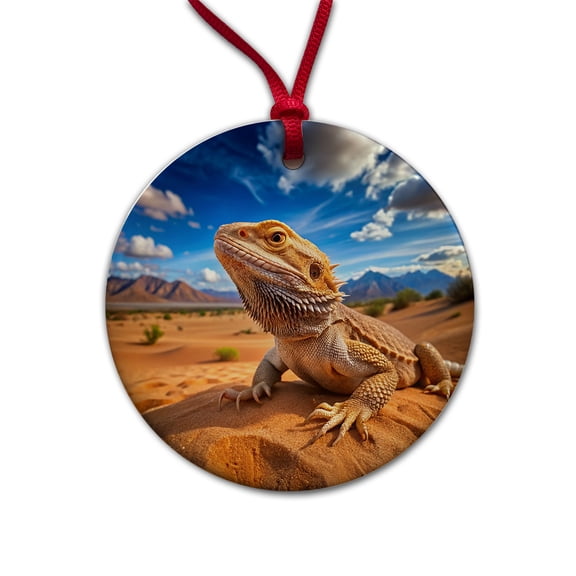 Bearded Dragon Lizard Reptile in the Desert Christmas Tree Holiday Round Ceramic Ornament