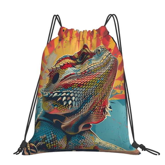 Bearded Dragon Lizards Retro Large Drawstring Backpack Casual Cinch Sack Bag Backpack for Sports Hiking Travel Gym
