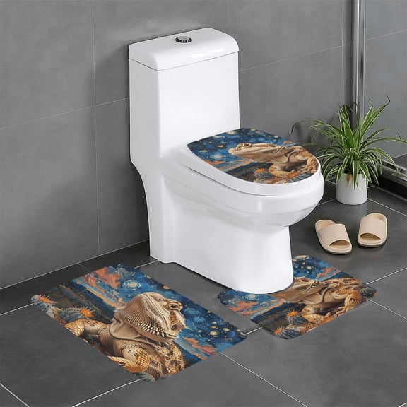 Bearded Dragon Lizards Retro Starry 3-Piece Bathroom Rug Set Non-Slip Flannel Bath Mat 24"x16" U-Shaped Contour Mat Toilet Lid Cover