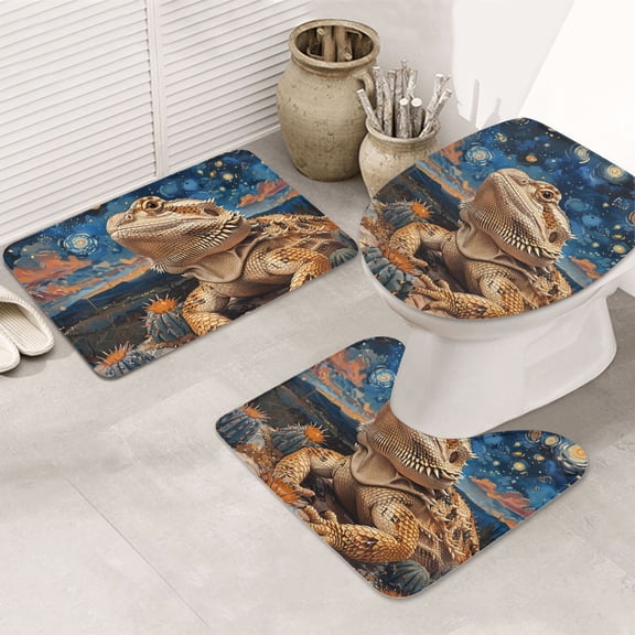 Bearded Dragon Lizards Retro Starry 3-Piece Bathroom Rug Sets - Non-Slip Bath Mat 31.5"x19.7" with U-Shaped Contour Mat Toilet Lid Cover