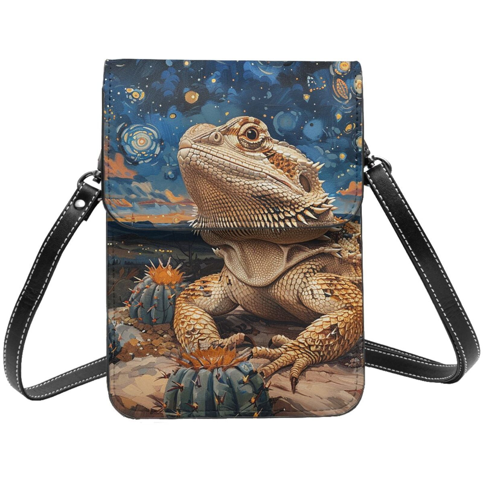 Bearded Dragon Lizards Retro Starry Cell Phone Purse Small Crossbody Bag with Strap Credit Card Slots Leather Shoulder Wallet for Women