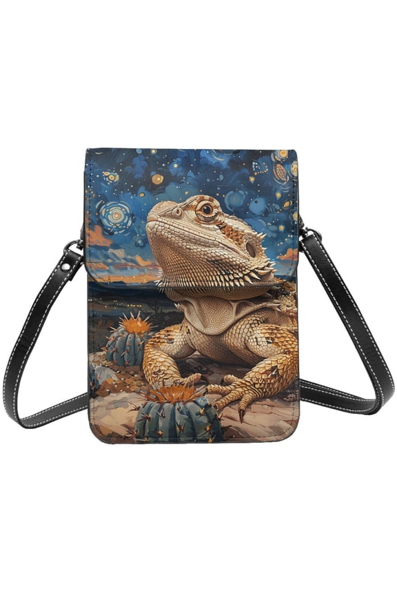 Bearded Dragon Lizards Retro Starry Cell Phone Purse Small Crossbody Bag with Strap Credit Card Slots Leather Shoulder Wallet for Women