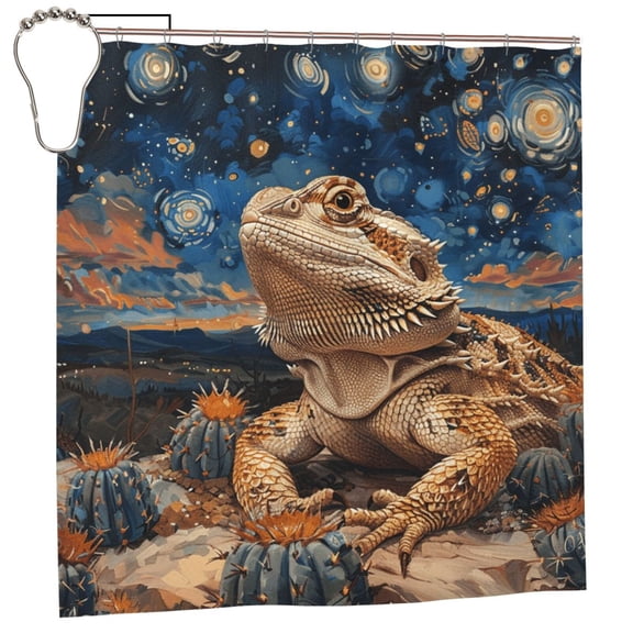 Bearded Dragon Lizards Retro Starry Shower Curtain with 12 Iron Hooks Washable Polyester Fabric Bathroom 72x72 Inch