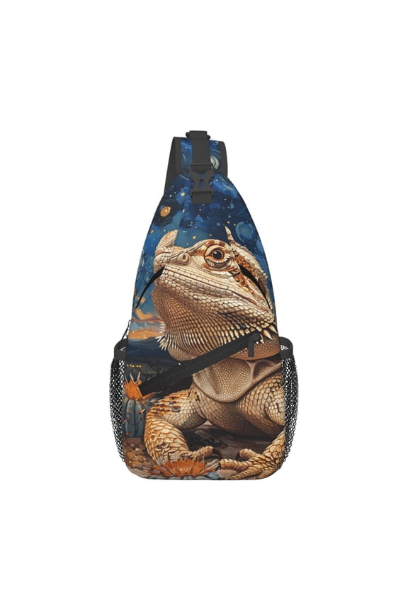 Bearded Dragon Lizards Retro Starry Sling Backpack Shoulder Chest Crossbody Bag Causal Travel Hiking Daypack