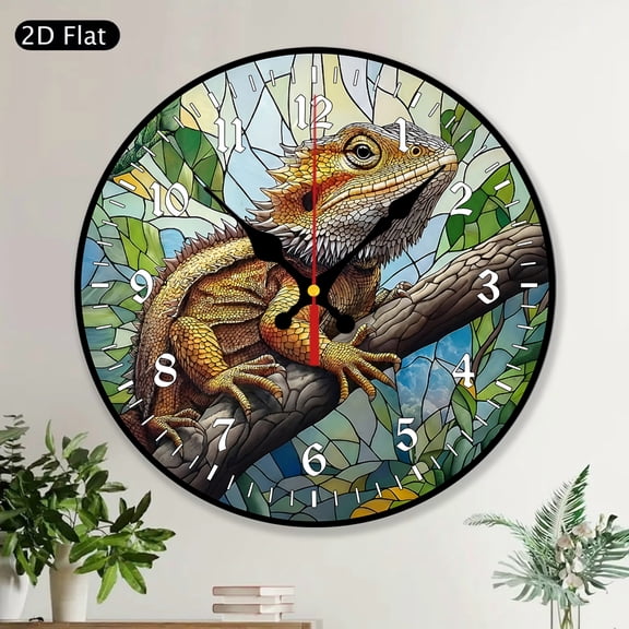 Bearded Dragon Stained-Glass Style Round Wood Wall Clock Reptile Lizard Home Decor Decorative Art Unique Gift