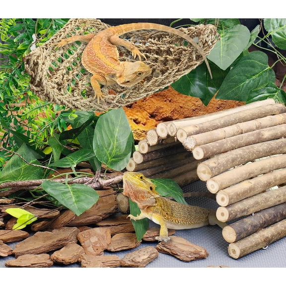 Bearded Dragon Tank Accessories Kit, Reptile Hide Wooden Bridge Terrarium Liner Triangle Hammock Jungle Climber Vines Leaves and Plant Habitat Decor for Chameleon Lizards Gecko Snakes