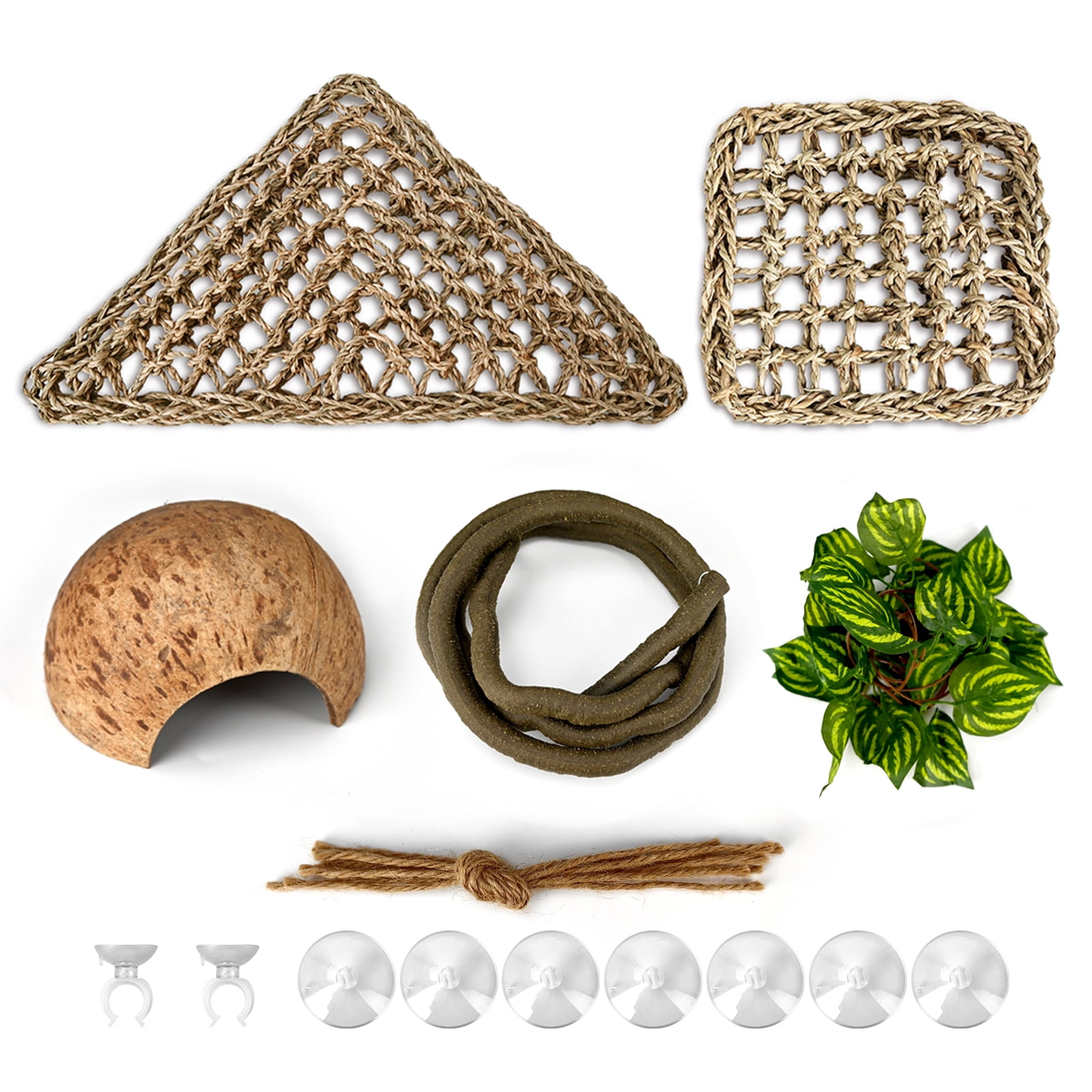 Bearded Dragon Tank Accessories,Reptile Hammock Corner Triangle with Ladder,Coconut Shell Cave Jungle Climbing Vines and Leaves Habitat Decor for Lizard,Anoles,Iguanas and Hermit Crabs 5PCS