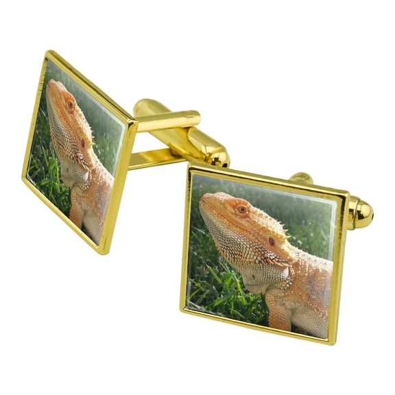 Bearded Dragon in Profile Square Cufflink Set - Silver or Gold