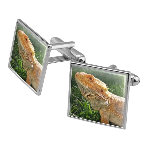 Bearded Dragon in Profile Square Cufflink Set - Silver or Gold