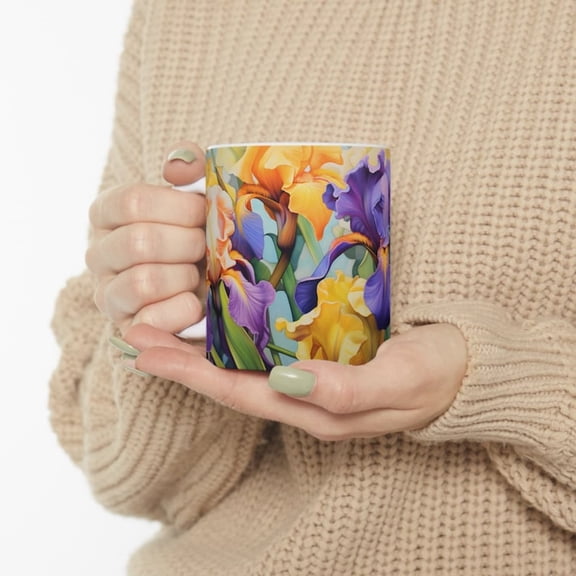 Bearded Iris Mug, Purple And Yellow Iris Mug, Bearded Irises, Irises, Gardeners Mug, Botanil Mug, Flower Mug, Blooming Iris Mug, Gift Idea.