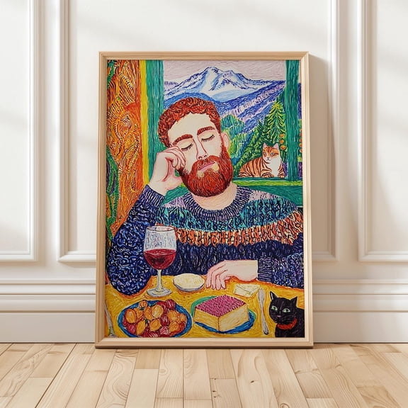 Bearded Man Relaxed Dining Mountain View Portrait Decor Wall Art