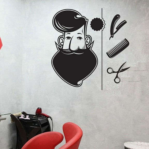 Bearded Man Wall Decal Shave Tools Barber Shop Hair Salon Interior Decor Door Window Vinyl Stickers Art Cartoon Wallpaper 42x43cm