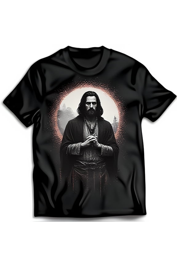Bearded Man in Robe Graphic Black T-Shirt Mystical Cityscape Design