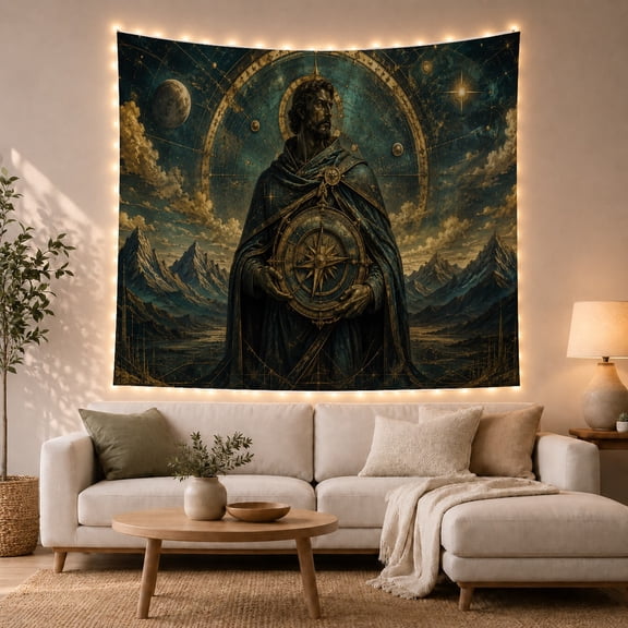Bearded Mystic With Astrolabe Against Celestial Map, Mystical Fantasy for Astrology Enthusiasts, Zodiac Wall Art Decor, Housewarming Gift Tapestry Wall Hanging for Bedroom and Living Room