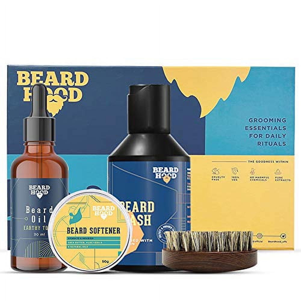 Beardhood Complete Beard Care Grooming Kit, Includes Beard Oil, Wash, Brush, Softener, 4 Piece