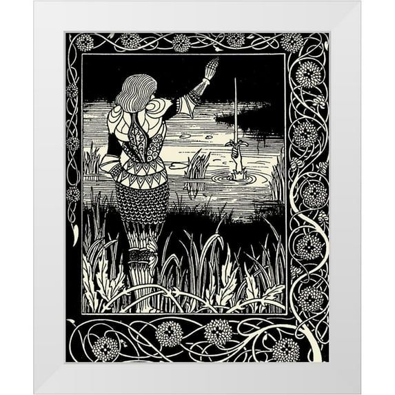 Beardsley, Aubrey 26x32 White Modern Wood Framed Museum Art Print Titled - Morte DArthur 1893 - Excalibur from Lake