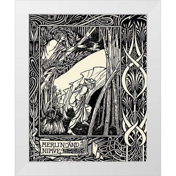Beardsley, Aubrey 26x32 White Modern Wood Framed Museum Art Print Titled - Morte DArthur 1893 - Merlin and Nimue