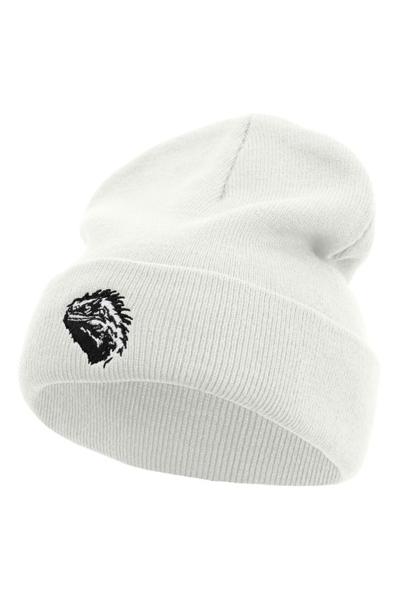 Beared Dragon Embroidered 12 Inch Long Knitted Beanie - White OSFM