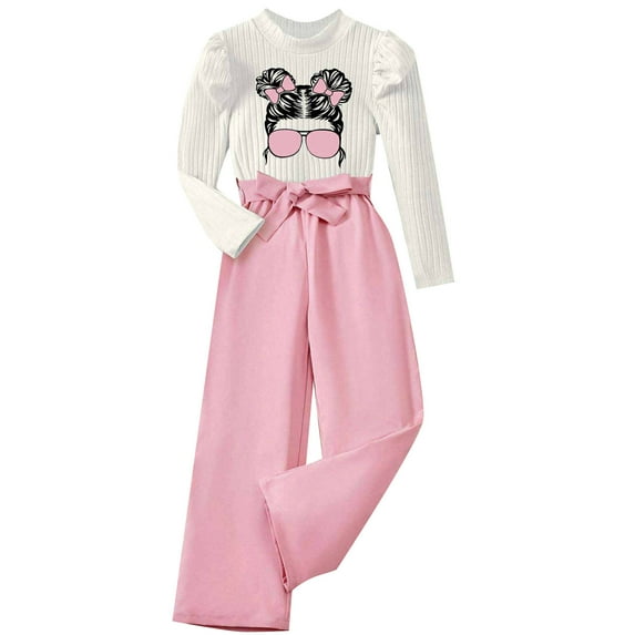 Bearichfupo Girls' Printed Long Sleeved Crew Neck Top With Lace Up Solid Color Wide Leg Trousers Personality Casual Fashion Suit,Girls' Pant Sets Sizes 5-6 Years