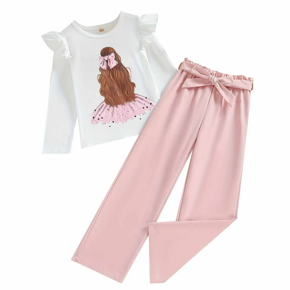 Bearichfupo Girls' Printed Long Sleeved Crew Neck Top With Lace Up Solid Color Wide Leg Trousers Casual Suit,Girls' Pant Sets Sizes 5-6 Years