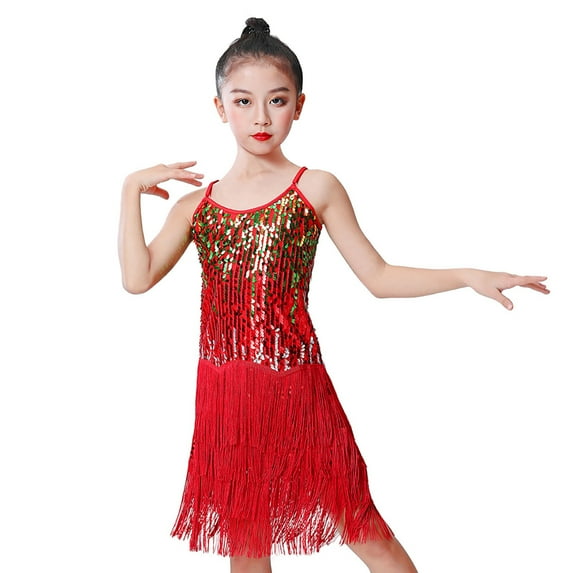 Bearichfupo Girls Sequin Slip Dress Latin Dance Dress Performance Dress Fringe Dress Dance Dress Stage Show Dress, Sizes 3-4 Years