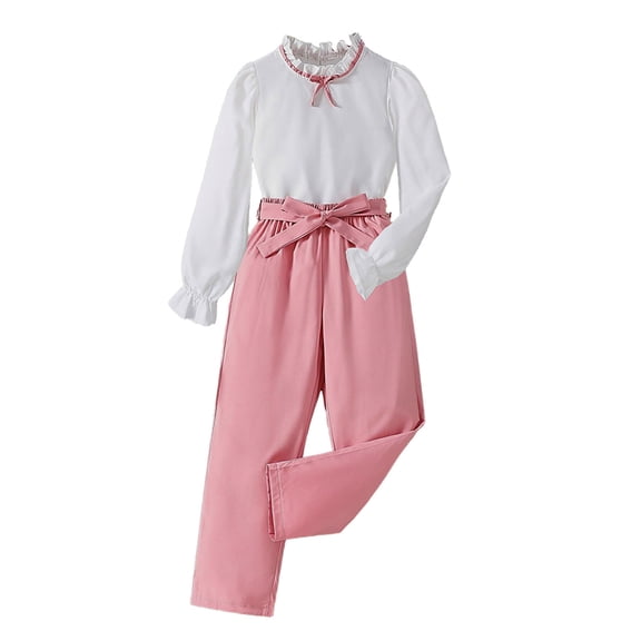 Bearichfupo Girls Solid Color Round Neck Long Sleeve Top With Bow Tie Casual Wide Leg Pants Suit,Girls' Pant Sets Sizes 5-6 Years