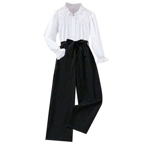 Bearichfupo Girls' White Hollow Out Fashion Long Sleeved Top Lace Up Casual WWide Leg Pantsuit,Girls' Pant Sets Sizes 5-6 Years