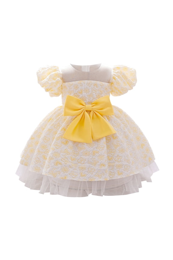 Infant Girls Birthday Dress Baby Puffy Sleeve Print Bowknot Princess Party Dress, Sizes 0-6 Months