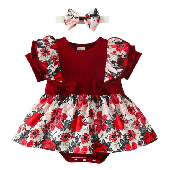 Bearichfupo Infant Girls Short Sleeve Floral Prints Romper Newborn Summer Bodysuits Clothes Headbands,Sizes 3-6 Months