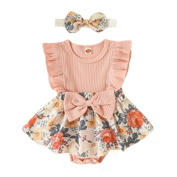 Bearichfupo Infant Girls Sleeveless Ribbed Sunflower Floral Prints Romper Bodysuit Dress Headbands Outfits,Sizes 9-12 Months