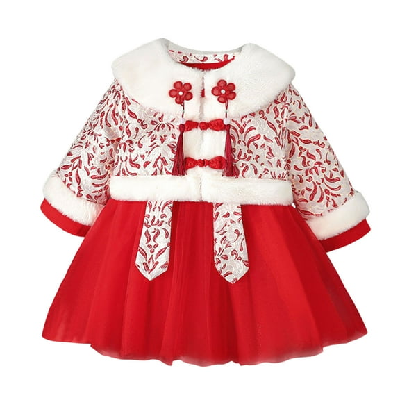 Bearichfupo Kids Children Girls Long Sleeve New Year Coat Dress Thicken Warm Dress 2pcs Outfits, Sizes 18-24 Months