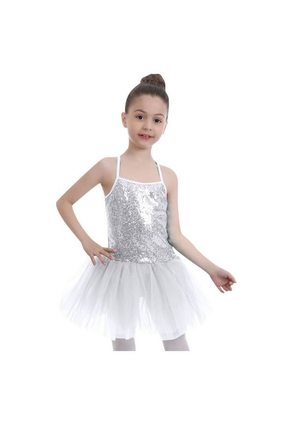 Kids Girls Sequins Camisole Ballet Dance Dress Tutu Skirted Leotard Ballerina Dancewear Costumes 6-7 Years
