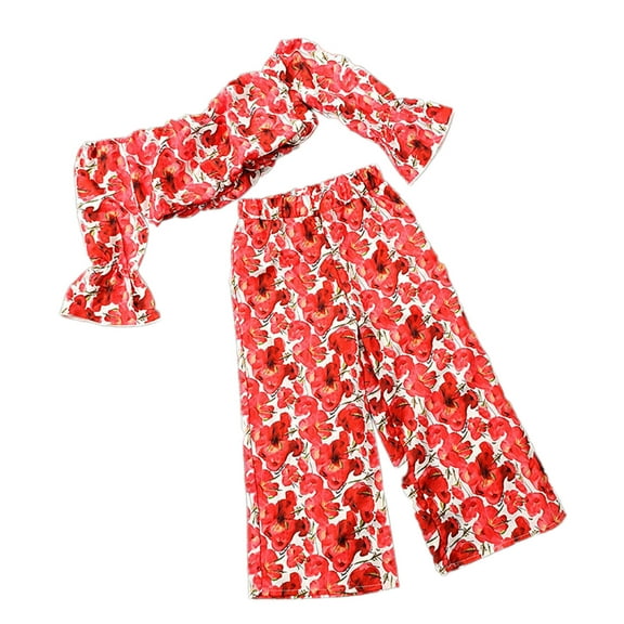 Bearichfupo Kids Toddler Baby Girls Spring Summer Flower Print Short Sleeve Off Shoulder Tshirt Pants Outfits Clothes,Girls' Pant Sets Sizes 4-5 Years