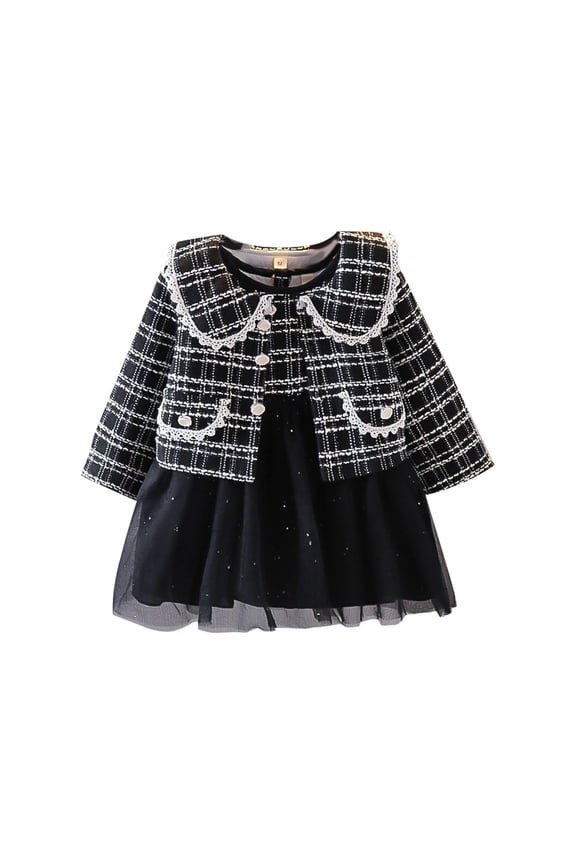 Long Sleeved Lapel Button Down Jacket + Sleeveless Suspender Mesh Stitching Dress Fashion Girls' Suit,Girls' Skirt Sets Sizes 3-4 Years
