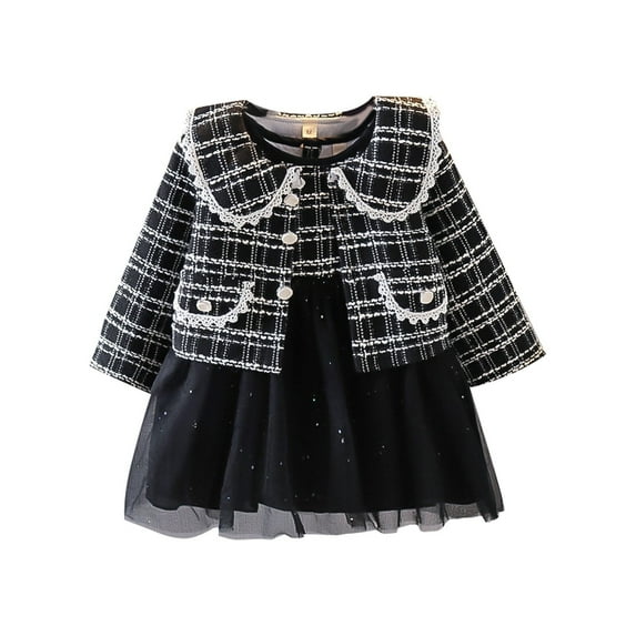 Bearichfupo Long Sleeved Lapel Button Down Jacket + Sleeveless Suspender Mesh Stitching Dress Fashion Girls' Suit,Girls' Skirt Sets Sizes 3-4 Years