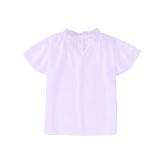 Bearichfupo Shirts For Teen Kids Girls Fly Sleeve Solid Ruffles T Shirt Child Casual V Neck Trendy Tops,Girls Summer T Shirts,Sizes 5-6 Years