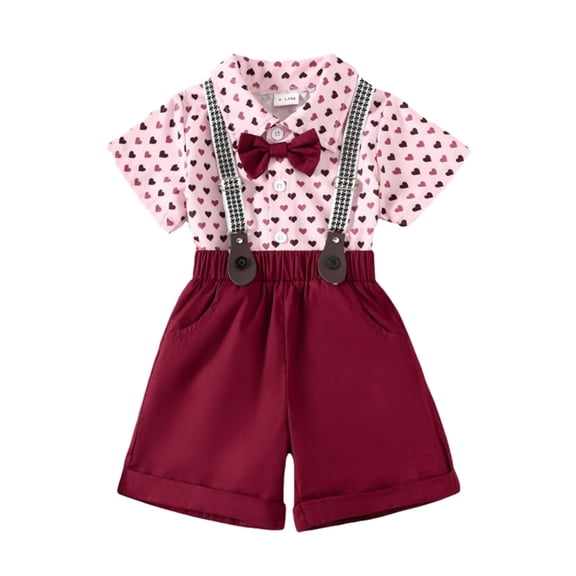 Bearichfupo Toddler Boys Valentine's Day Short Sleeve Heart Prints T Shirt Tops Shorts Child Gentleman Outfits,2 Piece Set,Sizes 2-3T