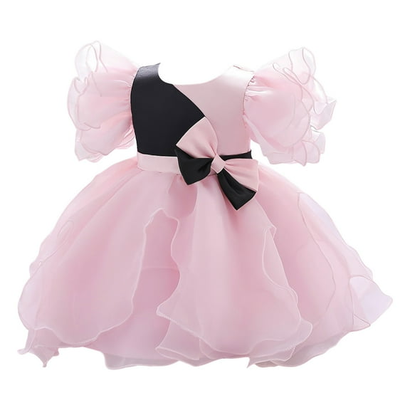 Bearichfupo Toddler Girls Fly Sleeve Bowknot Patchwork Color Ruffles Pageant Gown Party Evening Dress Wedding Dress For Children Clothes Fashion, Sizes 0-6 Months