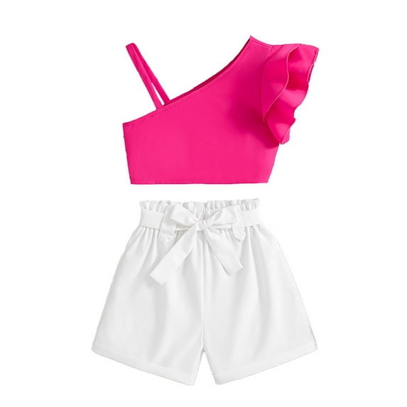 Bearichfupo Toddler Girls Summer Solid Color Sleeveless Shirt One Shoulder Tops Shorts 2Pieces Outfits Clothes Set,Girls' Short Sets Sizes 9-10 Years