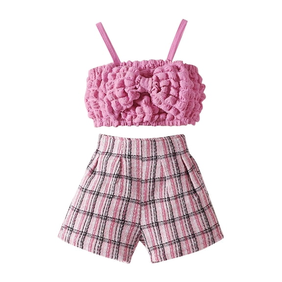 Bearichfupo Toddler Kids Baby Girls Strap Bowknot Sleeveless T Shirt Tops Plaid Shorts Pants 2PCS Summer Outfits Clothes Set,Girls' Short Sets Sizes 12-18 Months