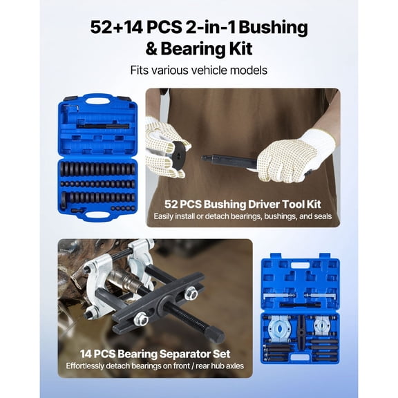 Bearing Press Kit,52+14 Pcs,2 in 1 Bushing Driver Tool&Bearing Press Kit,Race&Seal Driver Set with 49 Bushings,Separators&Jaws,Heavy Duty Removal Installation Tool Set with Case