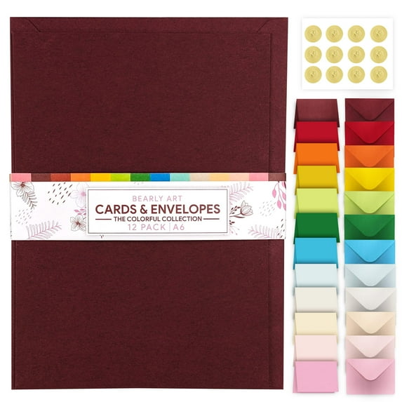 Bearly Art Colorful Cards Collection Blank Envelopes with 12 Sticker Seals, Multicolor, 12 Count