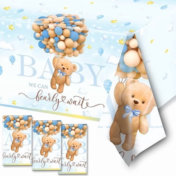 Bearly Wait Baby Shower Tablecloths 3 Piece Blue Teddy Bear Plastic Table Covers
