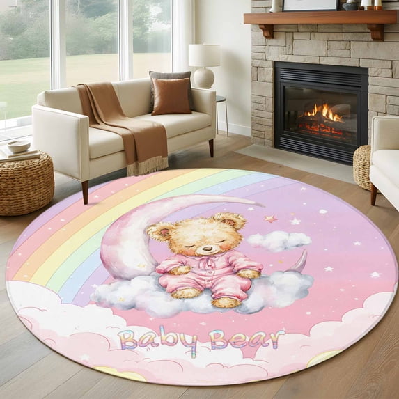 Bears 6ft Round Rugs, Cute Rainbow Clouds Moon Pink Purple Washable Non-Slip Area Rugs for Living Room Bedroom Kitchen, Soft Low Pile Dining Room Kicthen Circle Carpet, Indoor Floor Rug