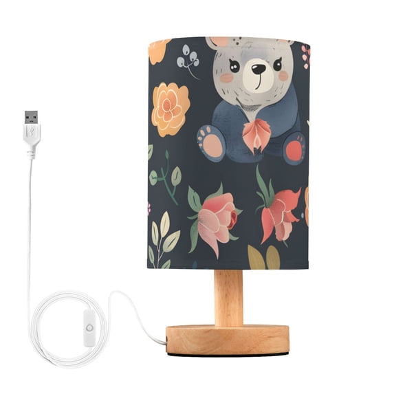 Bears Beautiful Roses Table Lamp USB Bedside Desk Nightstand Lamp Printed Gifts Small Lamp Wood Base for Bedroom Living Room Kids Room College Dorm