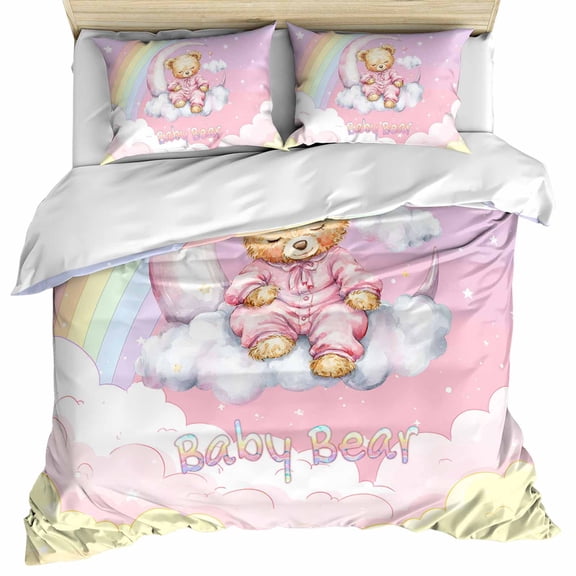 Bears Bedding 3 Piece Duvet Cover Set Queen Size, Cute Rainbow Clouds Moon Pink Purple Soft Microfiber Comforter Cover with Zipper Closure & Pillowcases, Wrinkle & FadeResistant Quilt Cover