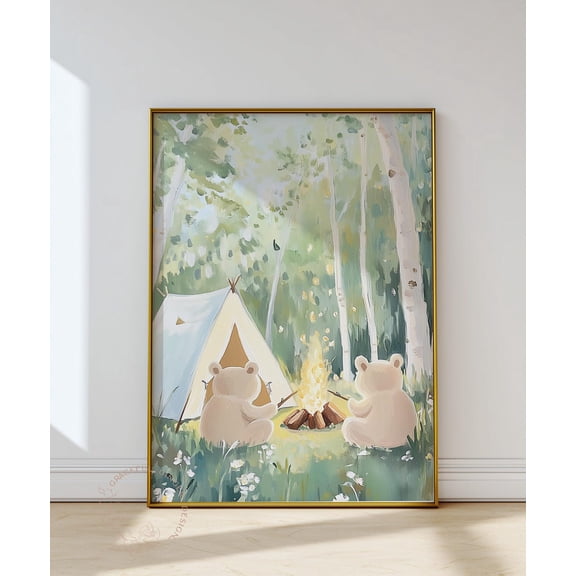 Bears Camping Nursery Print, Whimsical Woodland Wall Art Home Decor #2369, Unframed Poster Size 8x12