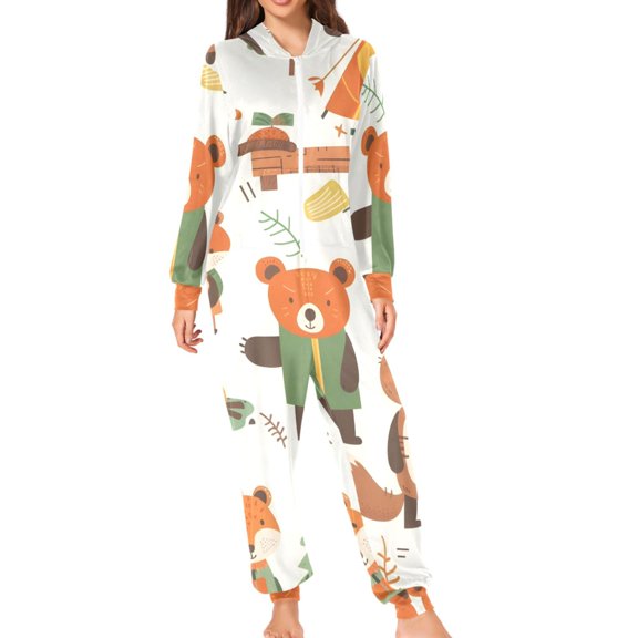 Bears Camping in Trees Tents Adult's Hoodie Onesie Jumpsuit One-Piece Pajamas with Zipper Unisex for Holiday S